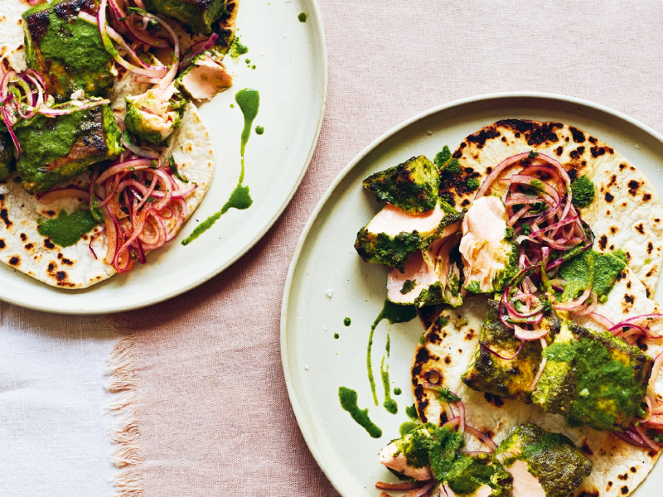 Salmon Tikka Skewers Marinated in Green Chilli, Basil and Coriander